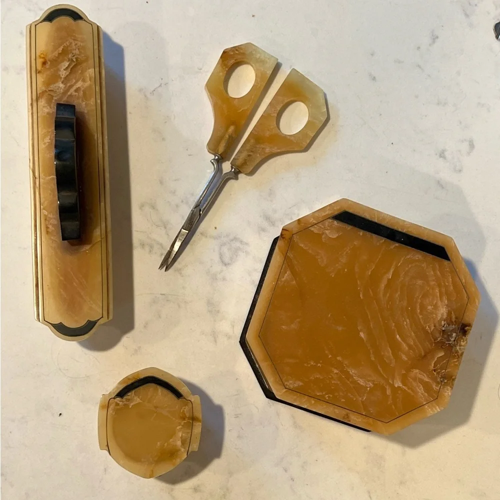 Vintage Gold / Brown Celluloid Vanity/Dresser Set 8 Pieces, powder box, scissors